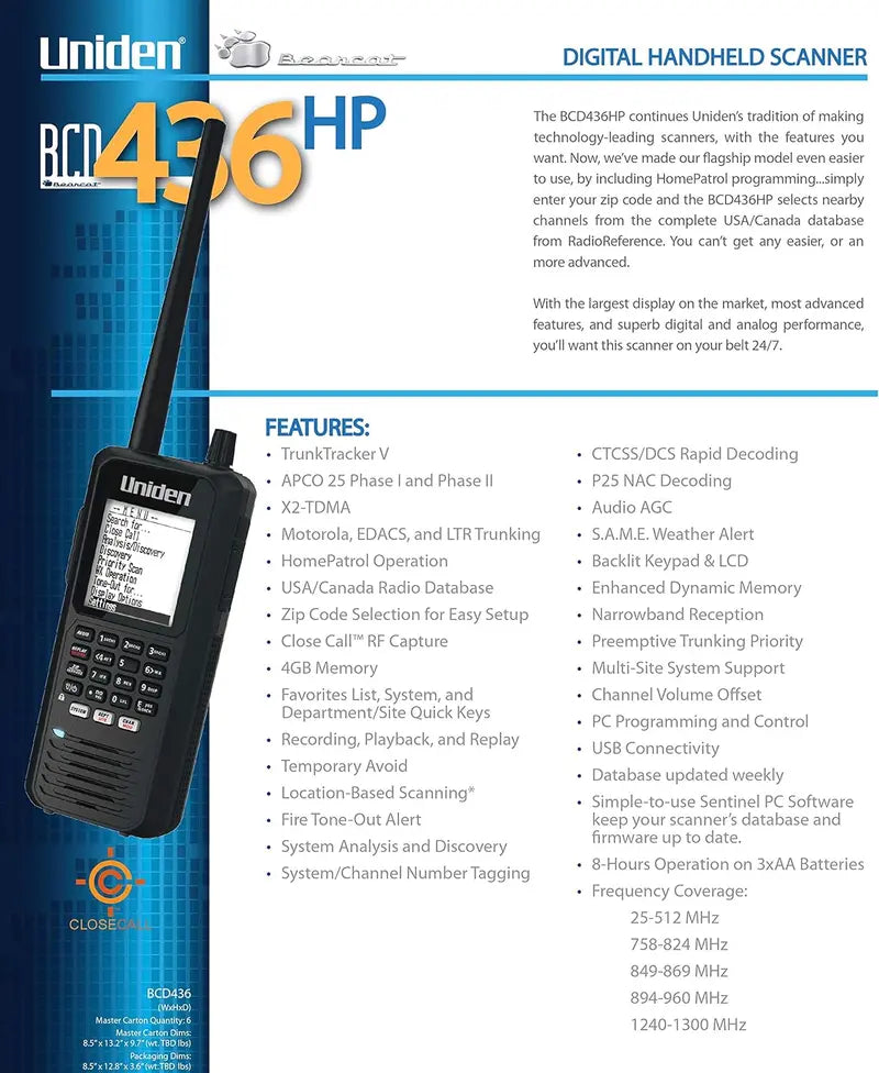 Uniden BCD436HP HomePatrol Scanner – Handheld Digital Trunking Scanner with GPS, Weather Alerts & Voice Recording