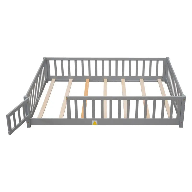 Uhomepro Full Size Wood Floor Bed Frame with Fence and Door for Kids, Toddlers