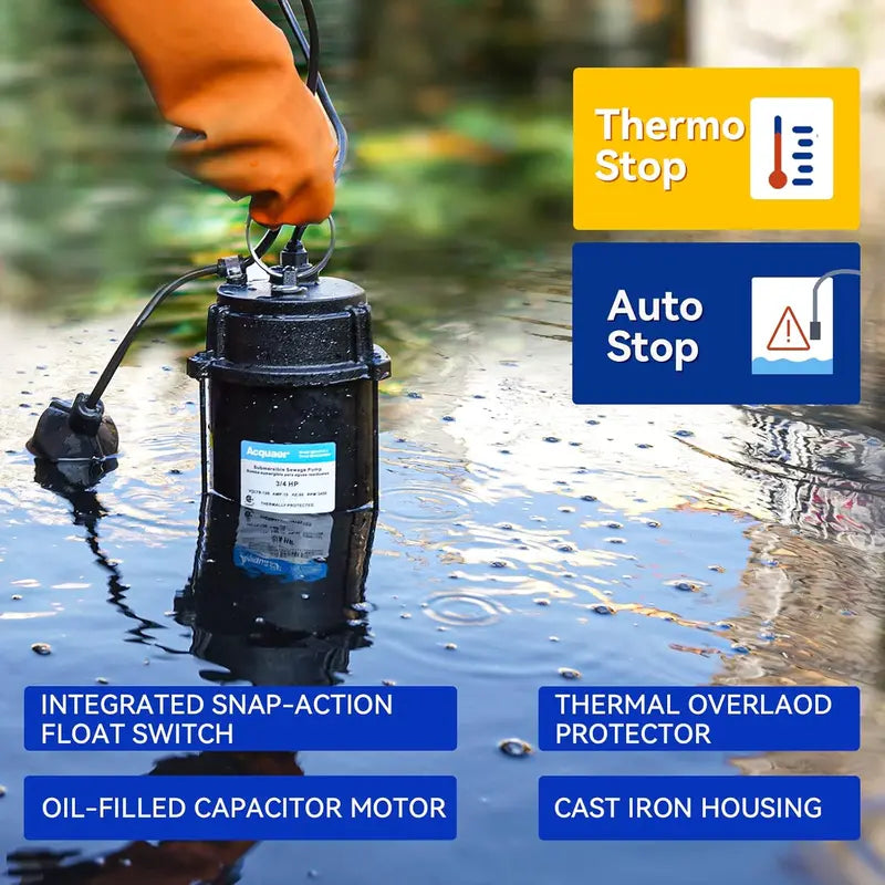 Submersible Sewage Pump – 3/4 HP Cast Iron Unit, 6400 GPH Flow Rate, Automatic Float Switch, 2″ NPT Discharge for Residential Basements & Pits