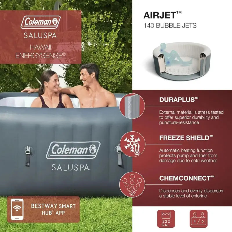 Square Inflatable Hot Tub for 4–6 People – 114 Air Jets, Insulated Cover, Portable Outdoor Spa (Gray)