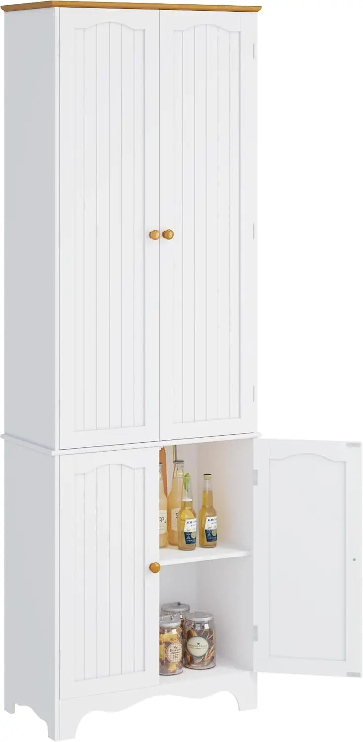 Tall Freestanding Pantry Cabinet – 72-Inch Wooden Kitchen Organizer with Five Shelves and Four Doors