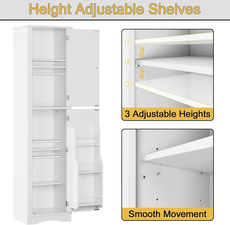 Tall Freestanding Pantry Cabinet – 72-Inch Wooden Kitchen Organizer with Five Shelves and Four Doors