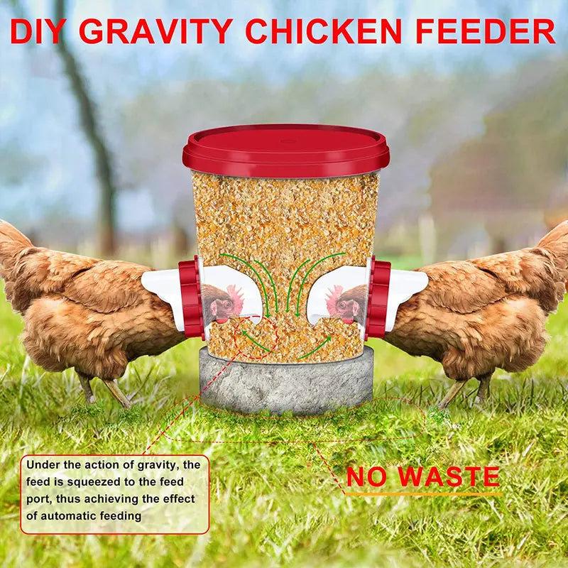 DIY Chicken Feeders No Waste, 6 Pack Poultry Feeder with Covers Gravity Feed Kit Ports 6-1 Hole Saw for Buckets Barrels Bins Troughs