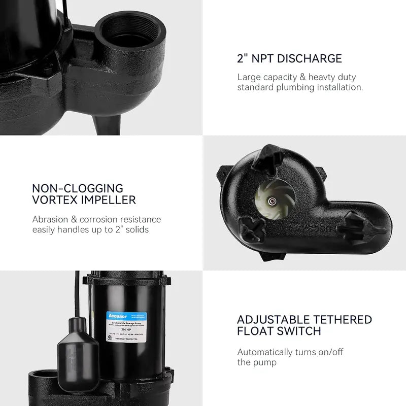 Submersible Sewage Pump – 3/4 HP Cast Iron Unit, 6400 GPH Flow Rate, Automatic Float Switch, 2″ NPT Discharge for Residential Basements & Pits