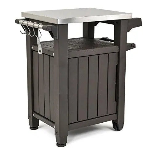 Stainless Steel Outdoor Table & Storage Cabinet with Hooks – Portable Patio Kitchen Island or Bar Cart in Espresso Brown