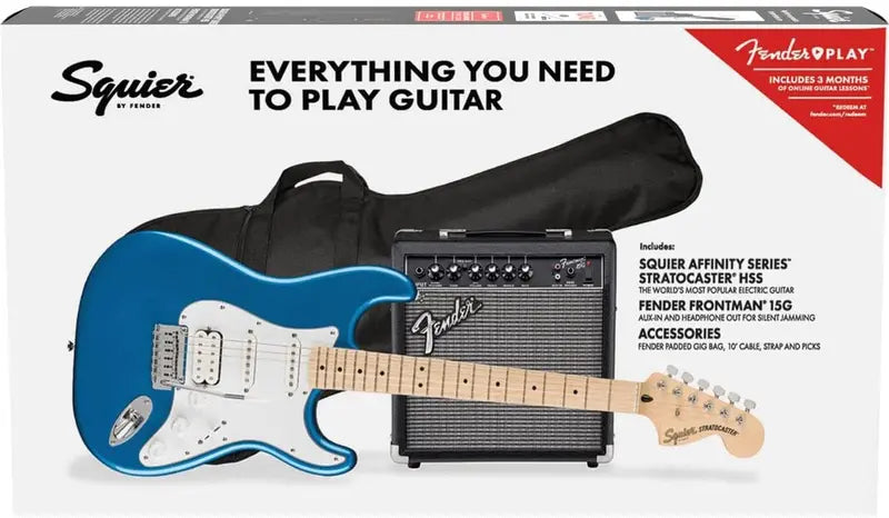 Squier Affinity Stratocaster HSS Guitar Pack – Maple Fingerboard, Lake Placid Blue Finish, Includes Amp & Accessories