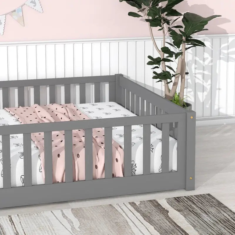 Uhomepro Full Size Wood Floor Bed Frame with Fence and Door for Kids, Toddlers
