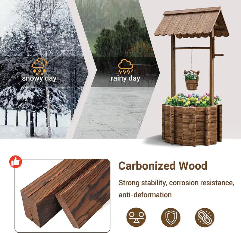 UDPATIO Large Wooden Outdoor Wishing Well Planter – Rustic Yard Decor with Functional Flower Pot Design