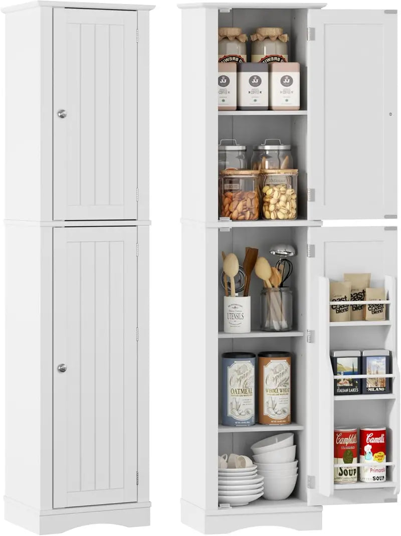 Tall Freestanding Pantry Cabinet – 72-Inch Wooden Kitchen Organizer with Five Shelves and Four Doors