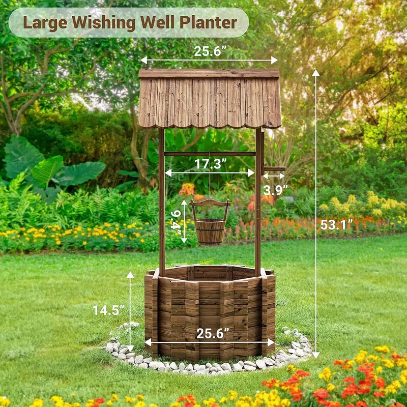 UDPATIO Large Wooden Outdoor Wishing Well Planter – Rustic Yard Decor with Functional Flower Pot Design