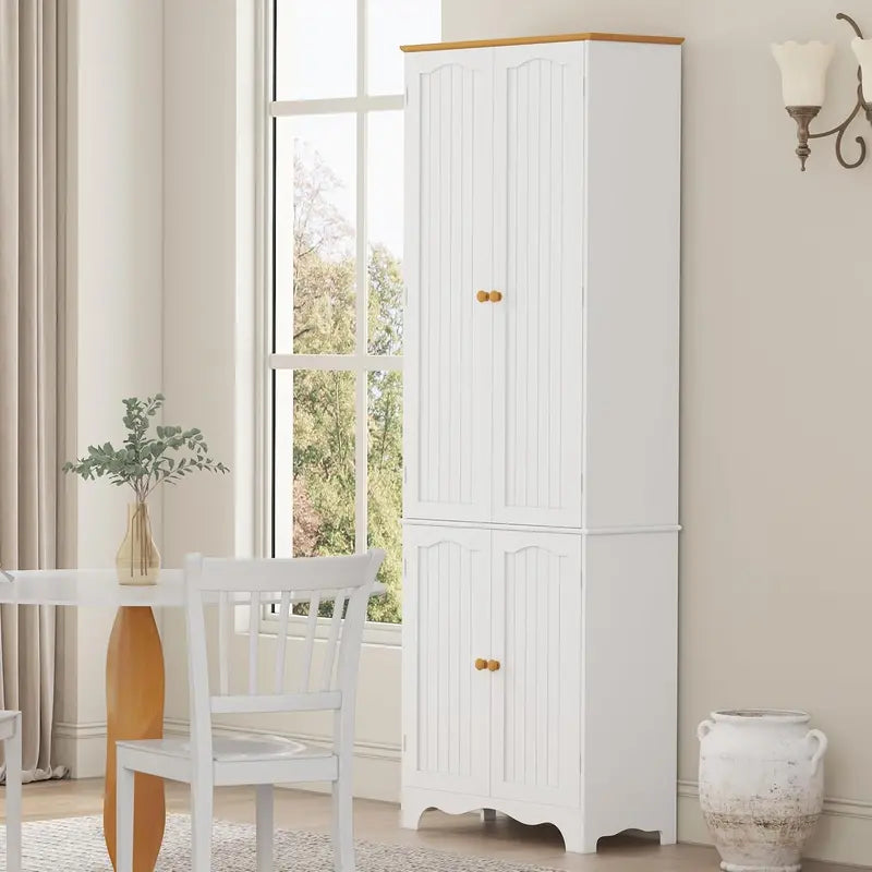 Tall Freestanding Pantry Cabinet – 72-Inch Wooden Kitchen Organizer with Five Shelves and Four Doors