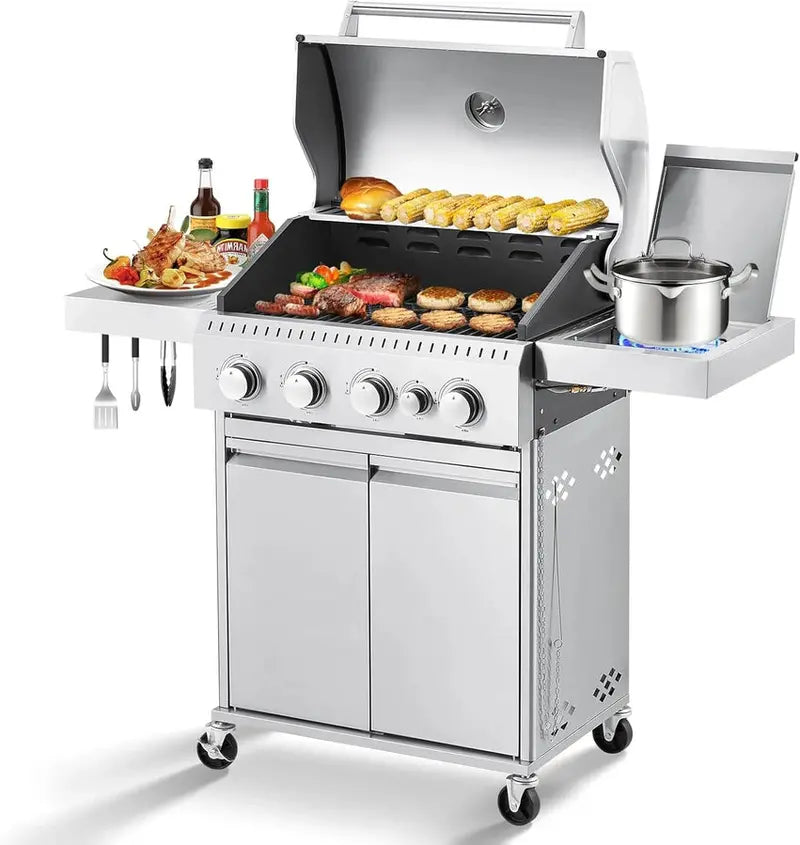 Upgraded 4-Burner Propane BBQ Grill – 44,000 BTU Stainless Steel Gas Grill with Cast Iron Grates and Integrated Side Burner