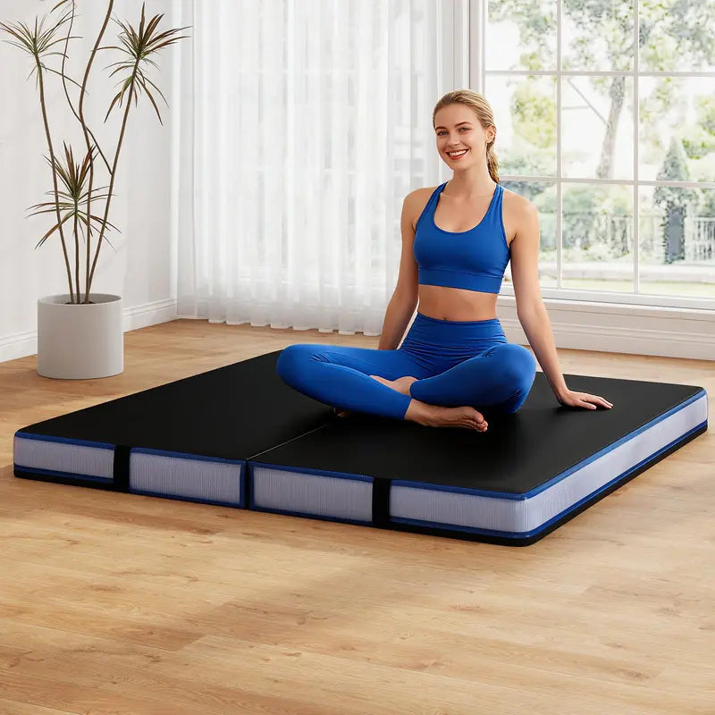 Thickened 4′ x 4′ Bi-Fold Fitness Mat – 4″ Dense Foam with PU Leather Cover & Transport Handles