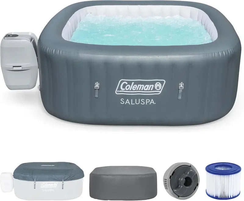 Square Inflatable Hot Tub for 4–6 People – 114 Air Jets, Insulated Cover, Portable Outdoor Spa (Gray)