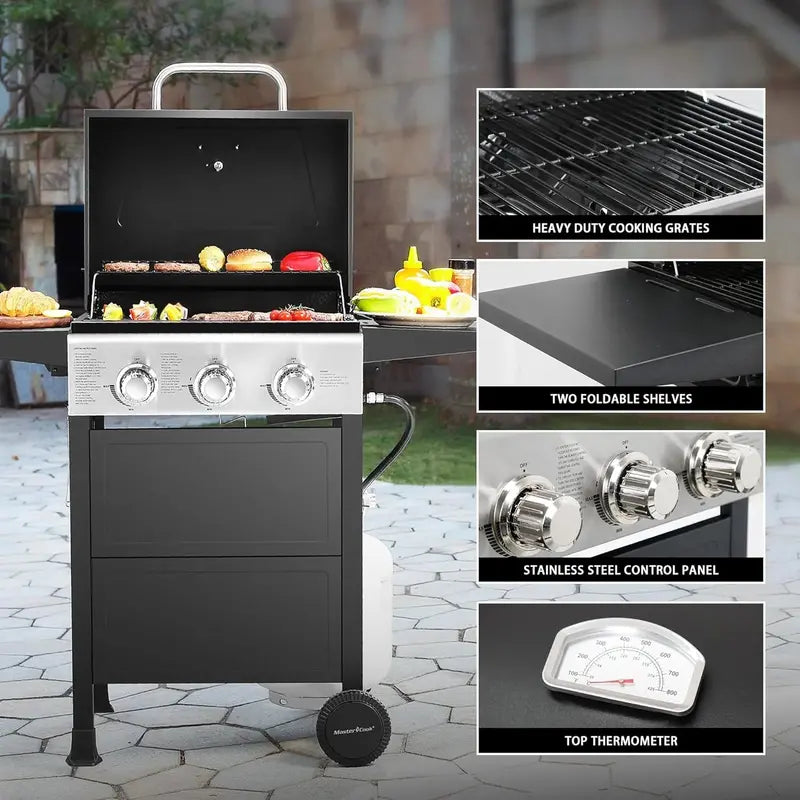 Stainless Steel Propane BBQ Grill – 30,000 BTU Patio Grill with Dual Foldable Side Shelves