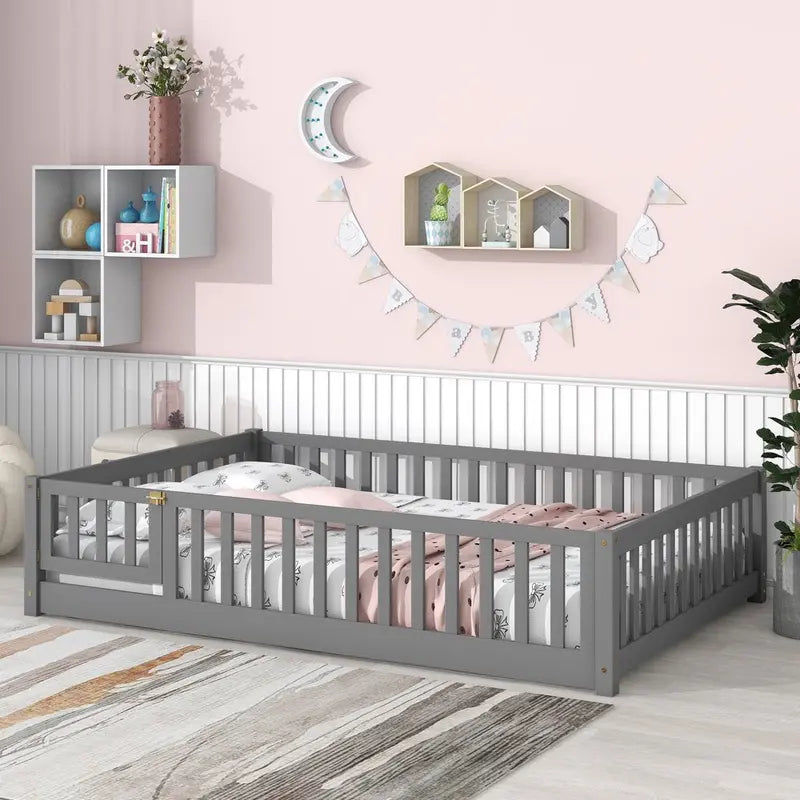 Uhomepro Full Size Wood Floor Bed Frame with Fence and Door for Kids, Toddlers