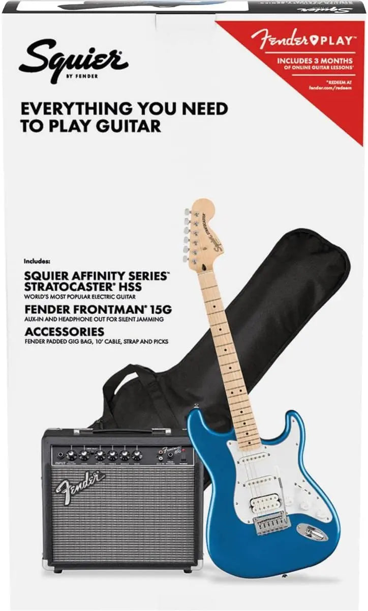 Squier Affinity Stratocaster HSS Guitar Pack – Maple Fingerboard, Lake Placid Blue Finish, Includes Amp & Accessories