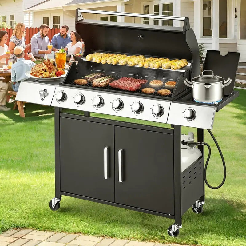 Upgraded 4-Burner Propane BBQ Grill – 44,000 BTU Stainless Steel Gas Grill with Cast Iron Grates and Integrated Side Burner
