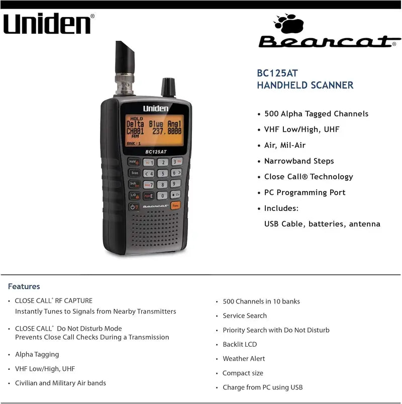 Uniden BC125AT Bearcat Handheld Scanner – 500-Channel, Close Call RF Detection, Aviation/Marine/Rail/NASCAR Monitoring