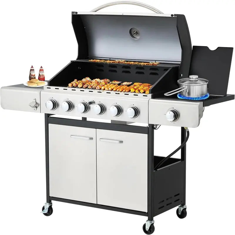 Upgraded 4-Burner Propane BBQ Grill – 44,000 BTU Stainless Steel Gas Grill with Cast Iron Grates and Integrated Side Burner