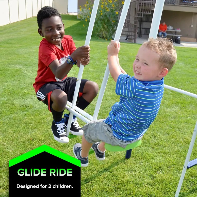 Sportspower Mountain View Metal Playset – Features Glide Ride, Saucer Swing, Trampoline, and Slide with Lifetime Warranty