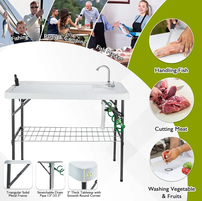Portable Fish Cleaning Station – Folding Table with Faucet, Drain Hose & Sprayer for Outdoor Filleting