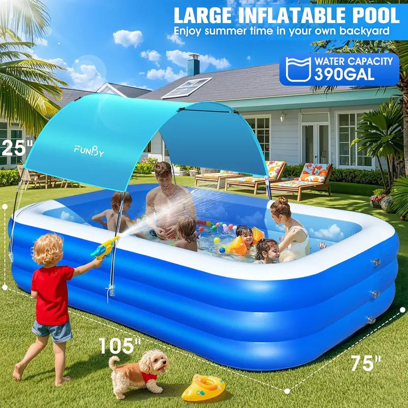 Ocean-Themed Inflatable Family Pool with Canopy – Extra-Large 105″ x 75″ x 25″, Thickened Vinyl for Kids & Adults, Backyard Swimming Pool