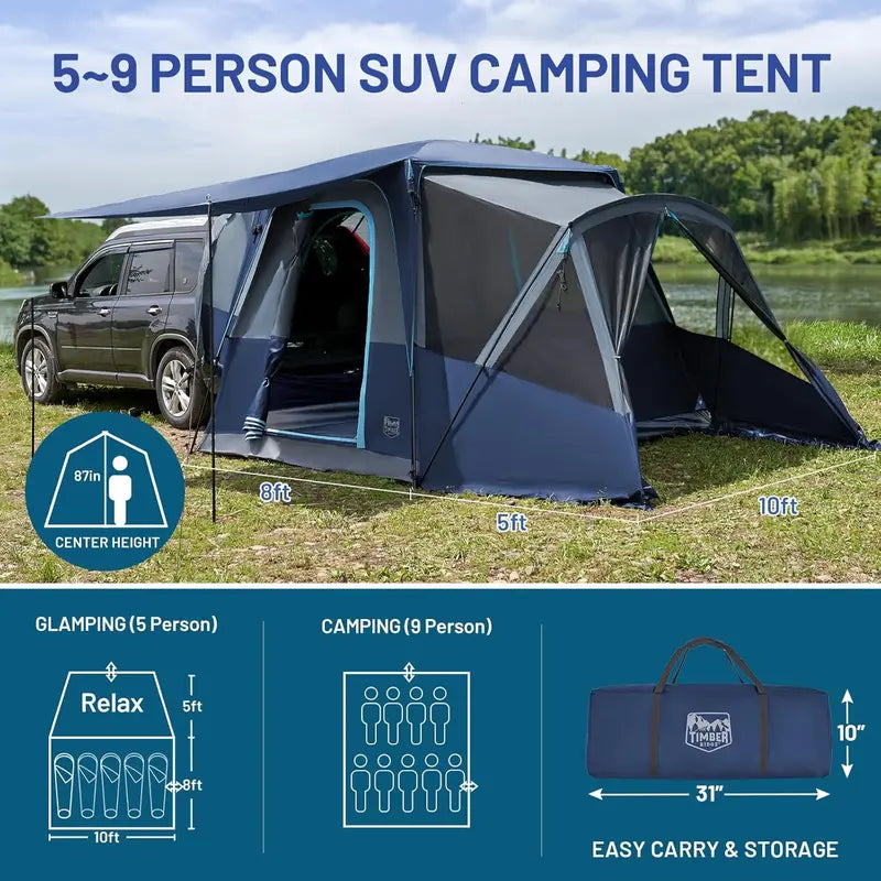 TIMBER RIDGE SUV Tent – 5–9-Person Weather-Resistant Car Camping Tent with Screen Porch, Awning & Included Rainfly
