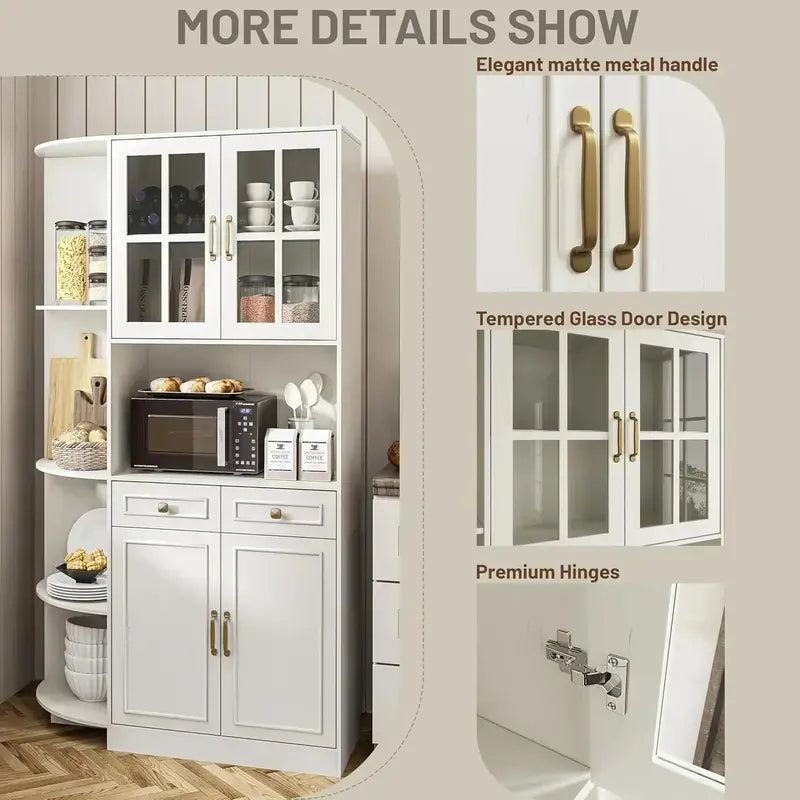Tall Kitchen Hutch with Glass Doors – 71″ Modern Pantry Cabinet for Dining or Living Spaces