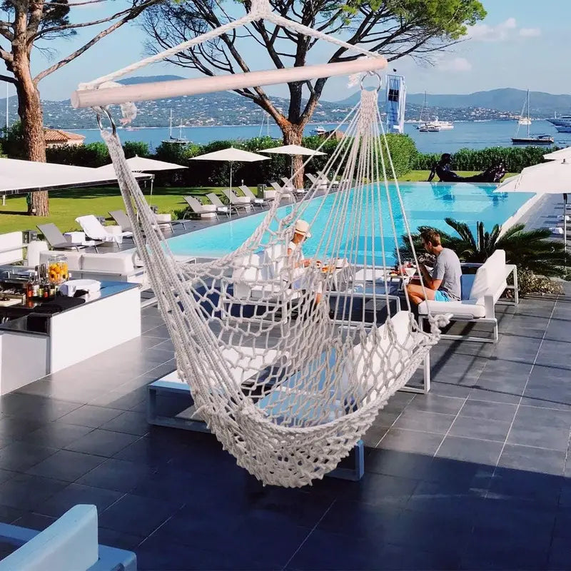 ONCLOUD Macramé Hammock Chair with Steel Spreader Bar – Indoor/Outdoor Hanging Swing Seat, 550 LB Capacity, Dual Cushions (Black)