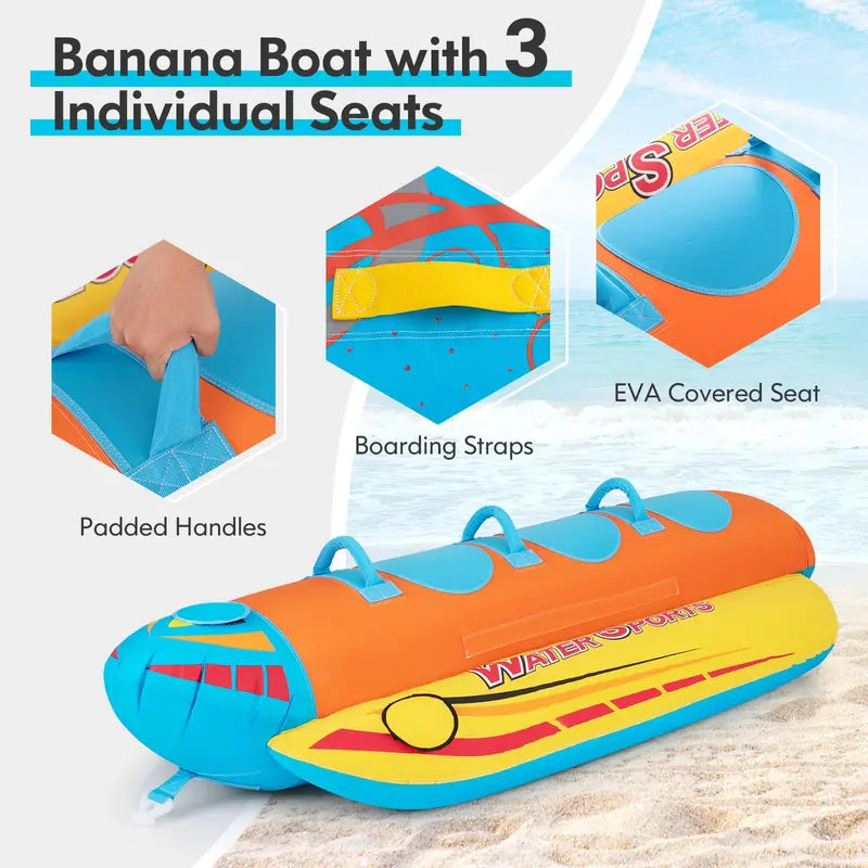 Three-Passenger Banana Towable Tube – EVA-Padded Seats for Boating and Water Sports