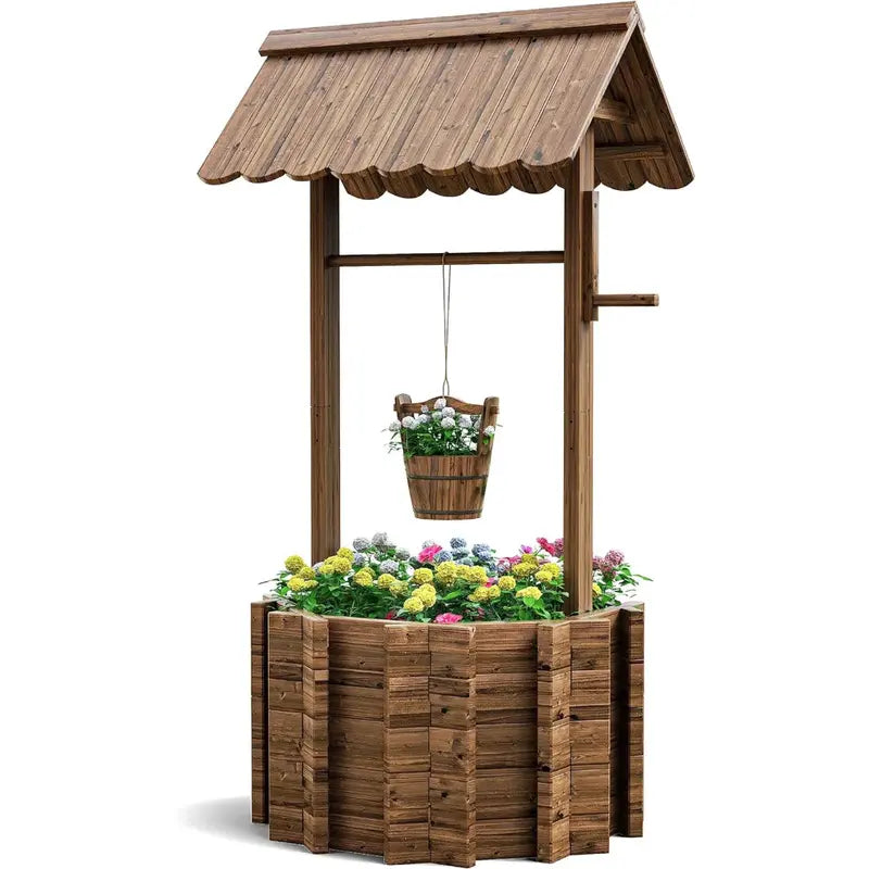 UDPATIO Large Wooden Outdoor Wishing Well Planter – Rustic Yard Decor with Functional Flower Pot Design