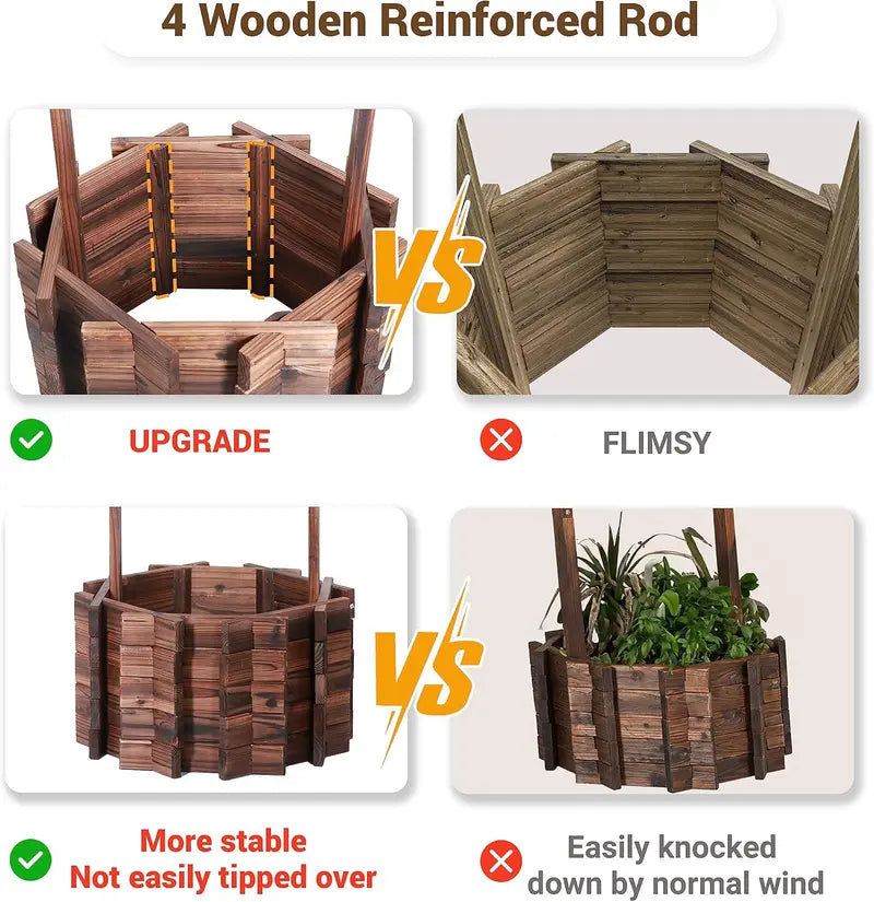 UDPATIO Large Wooden Outdoor Wishing Well Planter – Rustic Yard Decor with Functional Flower Pot Design