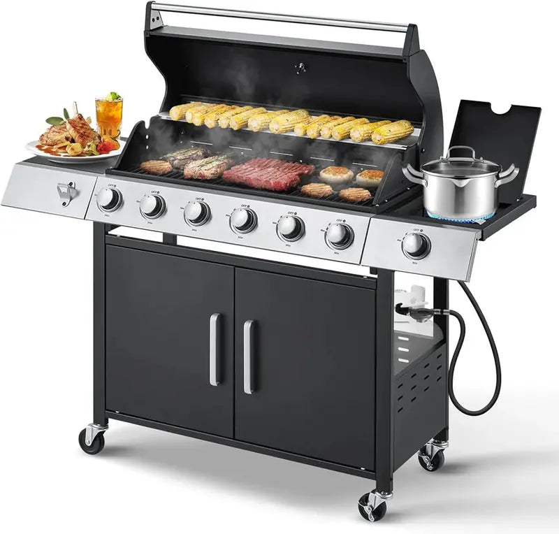 Upgraded 4-Burner Propane BBQ Grill – 44,000 BTU Stainless Steel Gas Grill with Cast Iron Grates and Integrated Side Burner