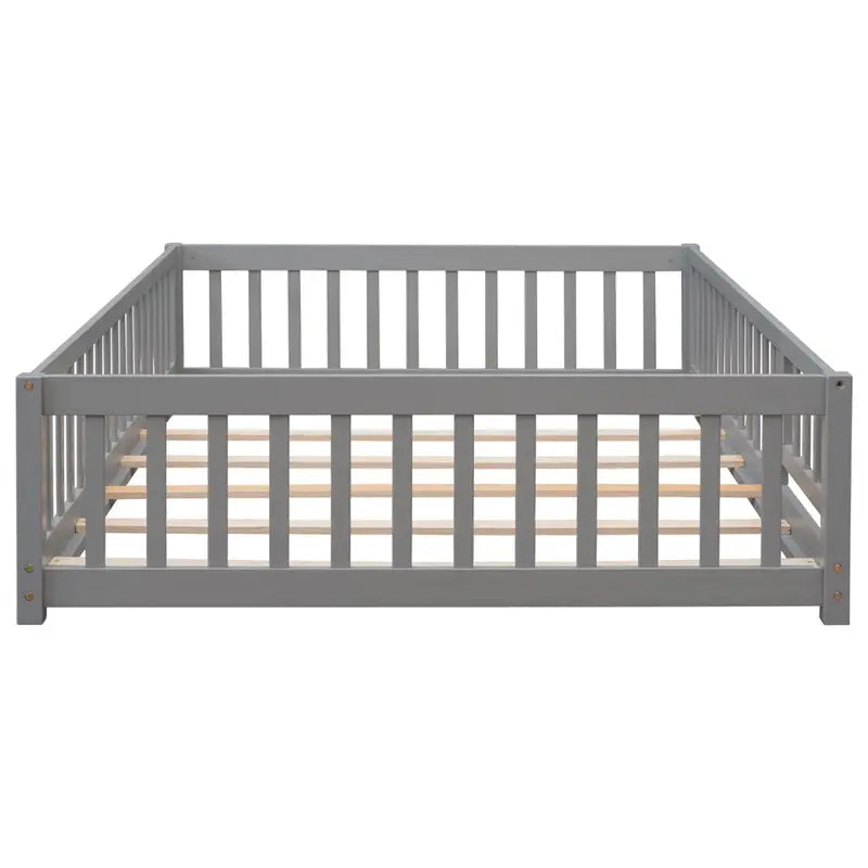 Uhomepro Full Size Wood Floor Bed Frame with Fence and Door for Kids, Toddlers