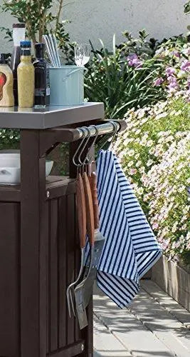 Stainless Steel Outdoor Table & Storage Cabinet with Hooks – Portable Patio Kitchen Island or Bar Cart in Espresso Brown