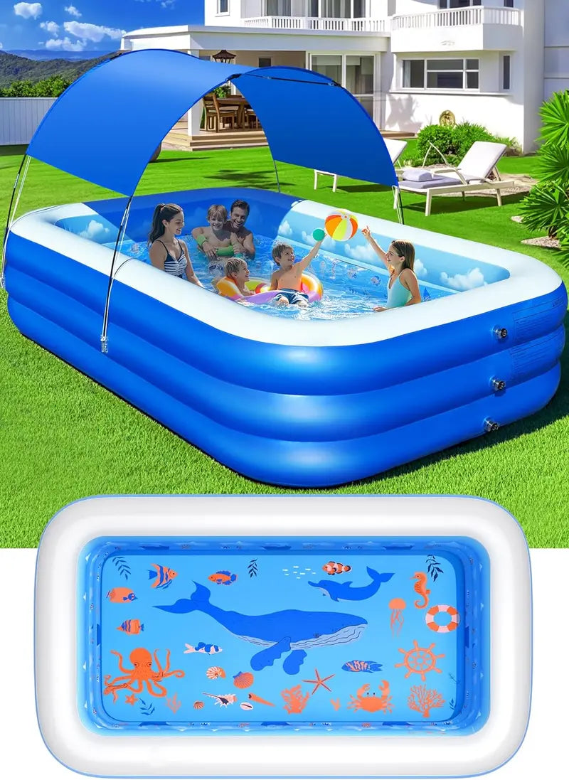 Ocean-Themed Inflatable Family Pool with Canopy – Extra-Large 105″ x 75″ x 25″, Thickened Vinyl for Kids & Adults, Backyard Swimming Pool