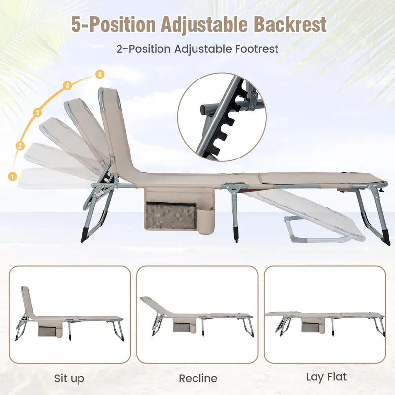 Outdoor Lounge Chair with 5-Position Recline, Face and Arm Cutouts for Sunbathing