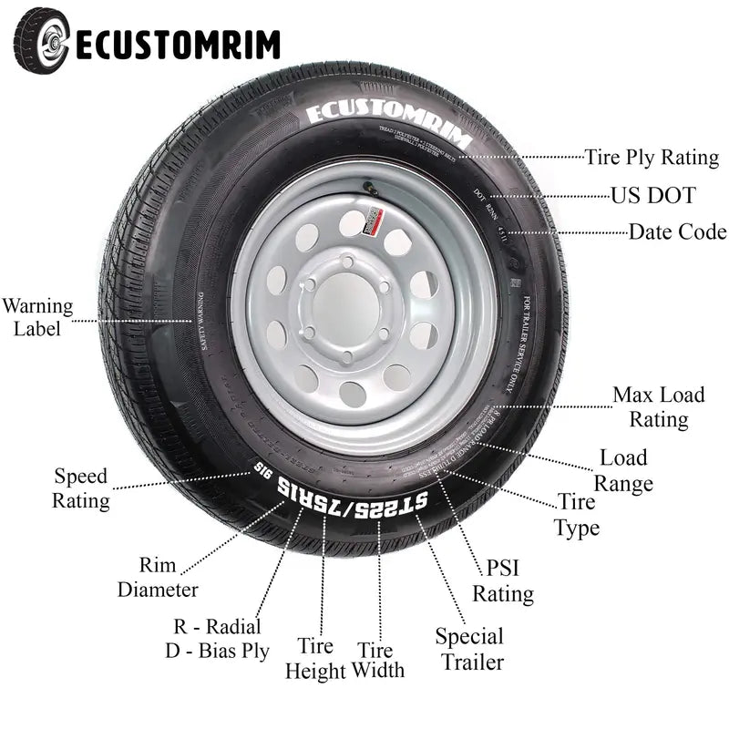 Trailer Tire On Rim 5238 530-12 5.30-12 White Spoke Wheel 5 Bolt C Bias