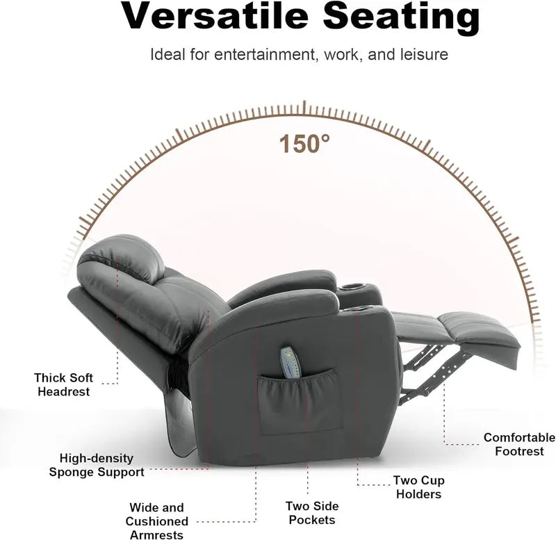 Swivel Recliner Rocking Chair – Massage & Heat Functions, Manual Recline, Remote Control, Cup Holder, 360° Rotation for Living Room or Nursery