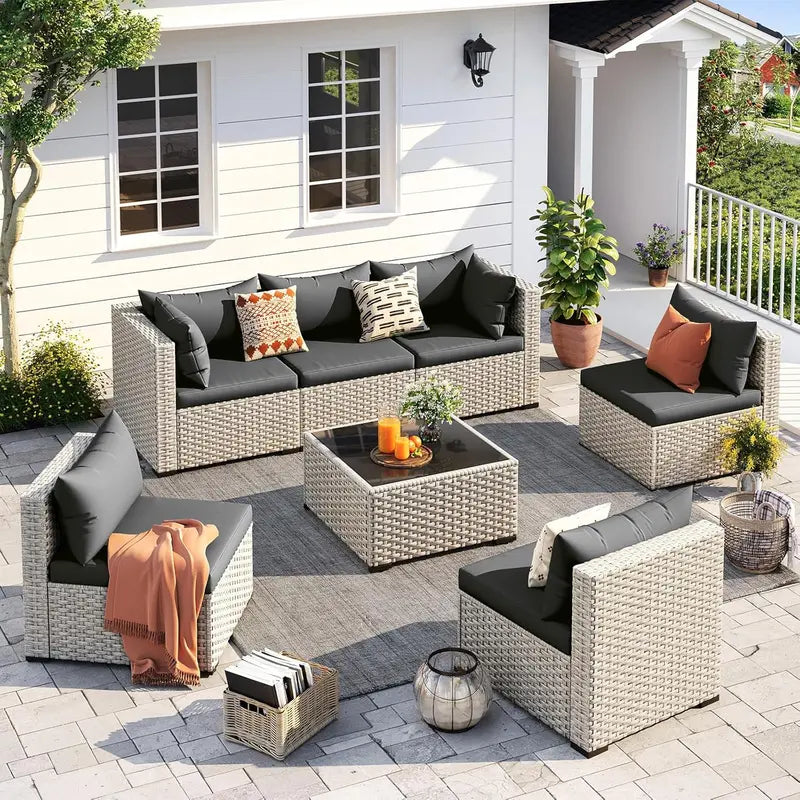 UDPATIO 7-Piece PE Wicker Patio Set – Outdoor Sectional Sofa with Tea Table, Green Finish