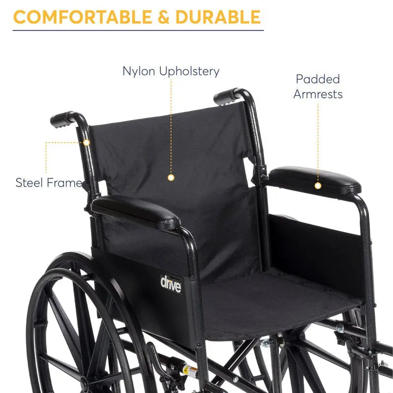 Drive Medical Silver Sport 1 Lightweight Manual Wheelchair with Full-Length Arms and Swing-Away Removable Footrests