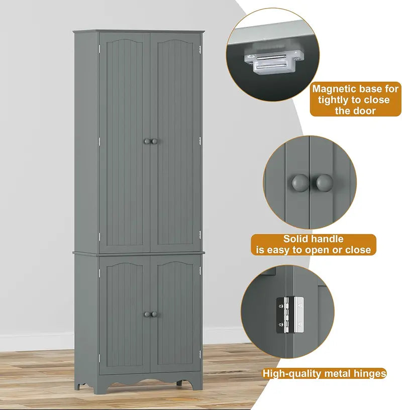 Tall Freestanding Pantry Cabinet – 72-Inch Wooden Kitchen Organizer with Five Shelves and Four Doors