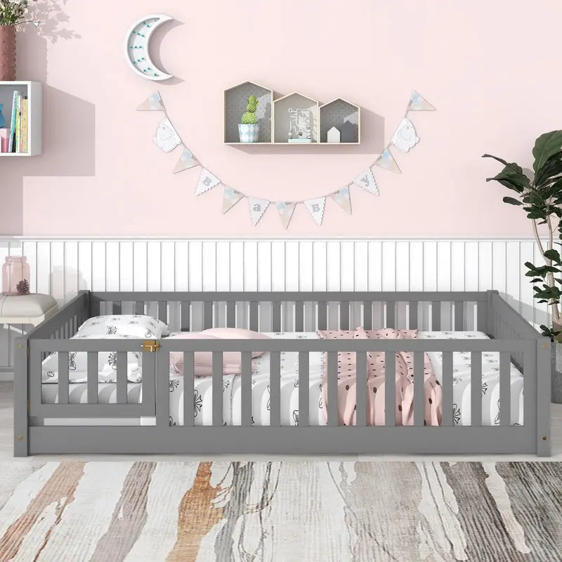 Uhomepro Kids Floor Bed with Playhouse Design – Pine Wood Twin Bed with Fence, Door & Safe Enclosed Layout