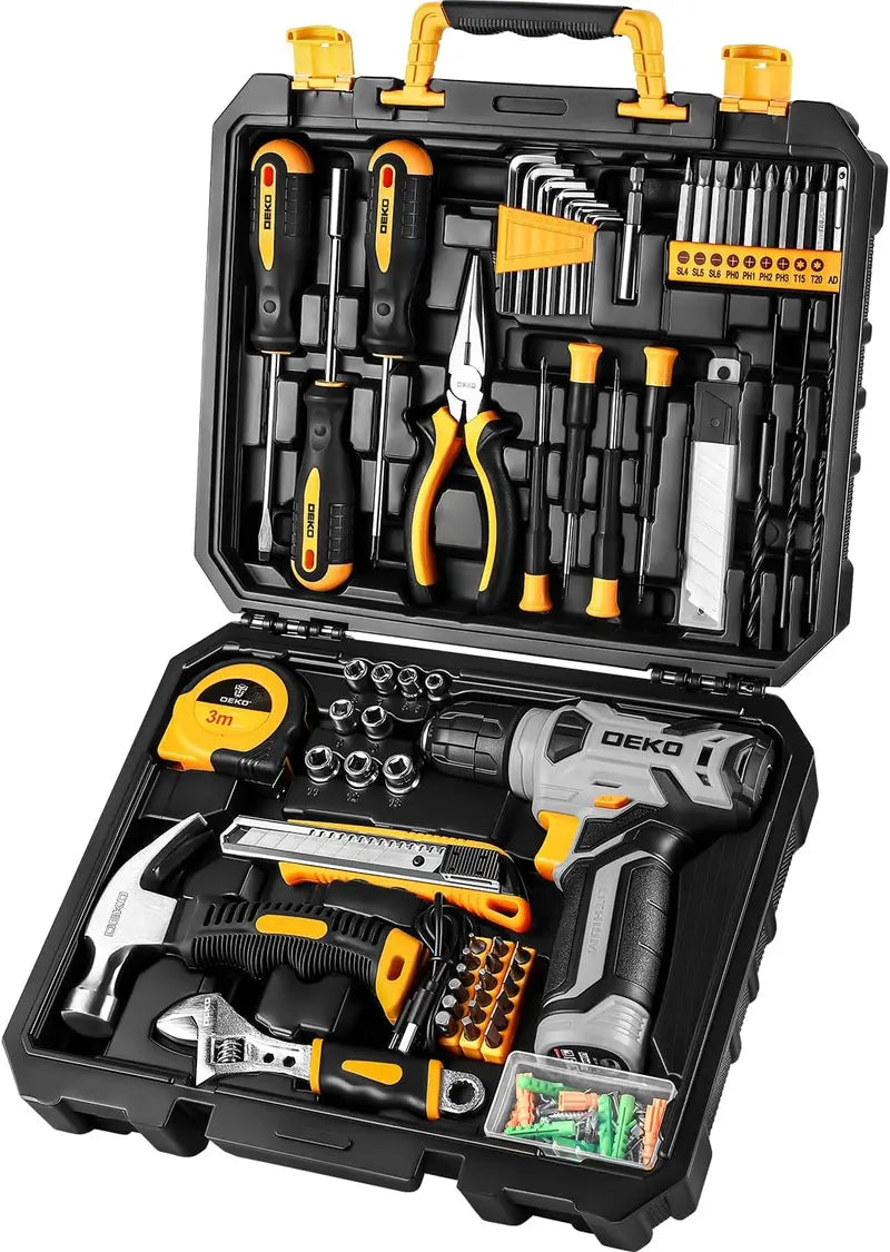 DEKOPRO 126-Piece Cordless Tool Kit  Includes 8V Drill, Toolbox, and Accessories for DIY and Home Repairs