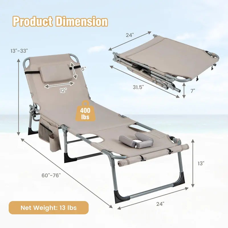 Outdoor Lounge Chair with 5-Position Recline, Face and Arm Cutouts for Sunbathing