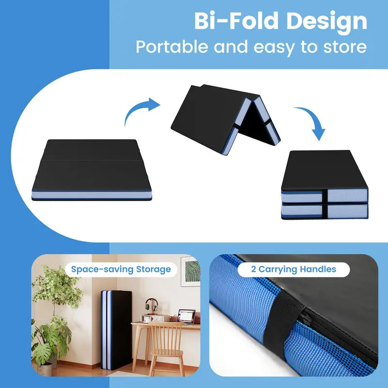 Thickened 4′ x 4′ Bi-Fold Fitness Mat – 4″ Dense Foam with PU Leather Cover & Transport Handles