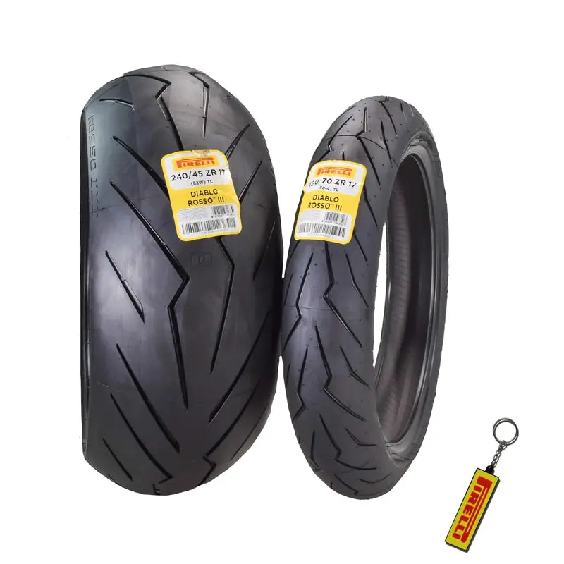 Pirelli Diablo Rosso III Motorcycle Tires – 120/70ZR17 Front + 240/45ZR17 Rear with Keychain