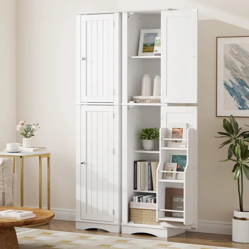 Tall Freestanding Pantry Cabinet – 72-Inch Wooden Kitchen Organizer with Five Shelves and Four Doors