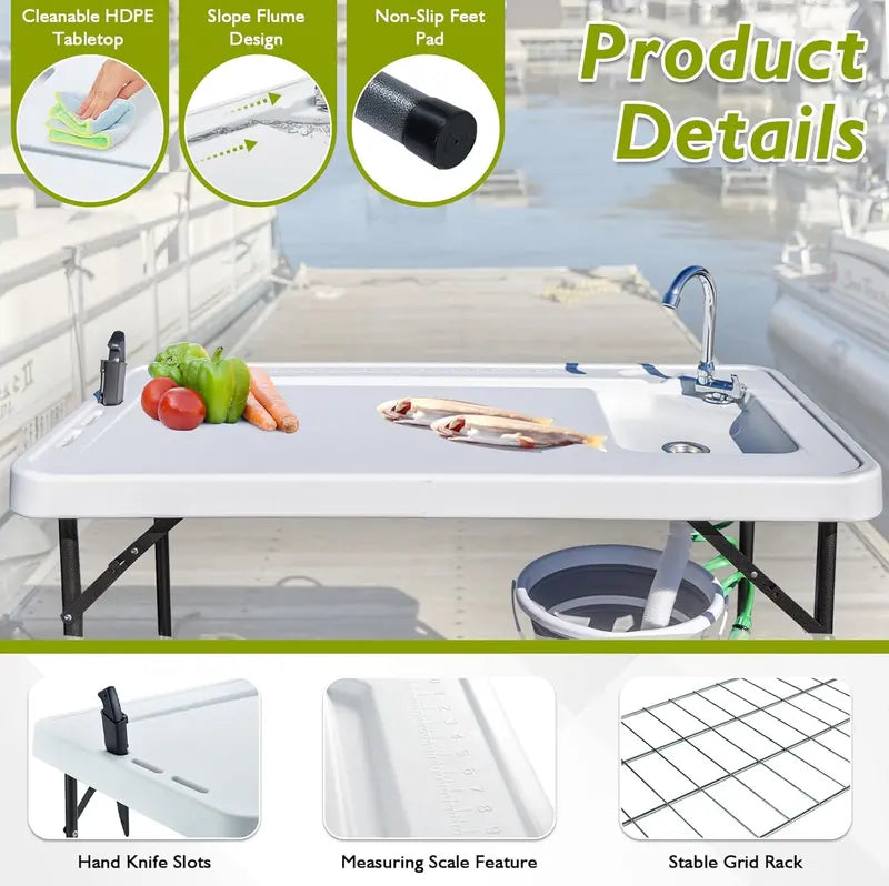 Portable Fish Cleaning Station – Folding Table with Faucet, Drain Hose & Sprayer for Outdoor Filleting